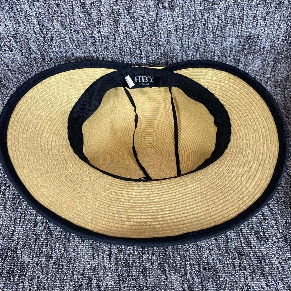 HBY Miami Straw Sun‎ Hat Wide Brim Black Ribbon Bow Beach Bucket Visor Women OS